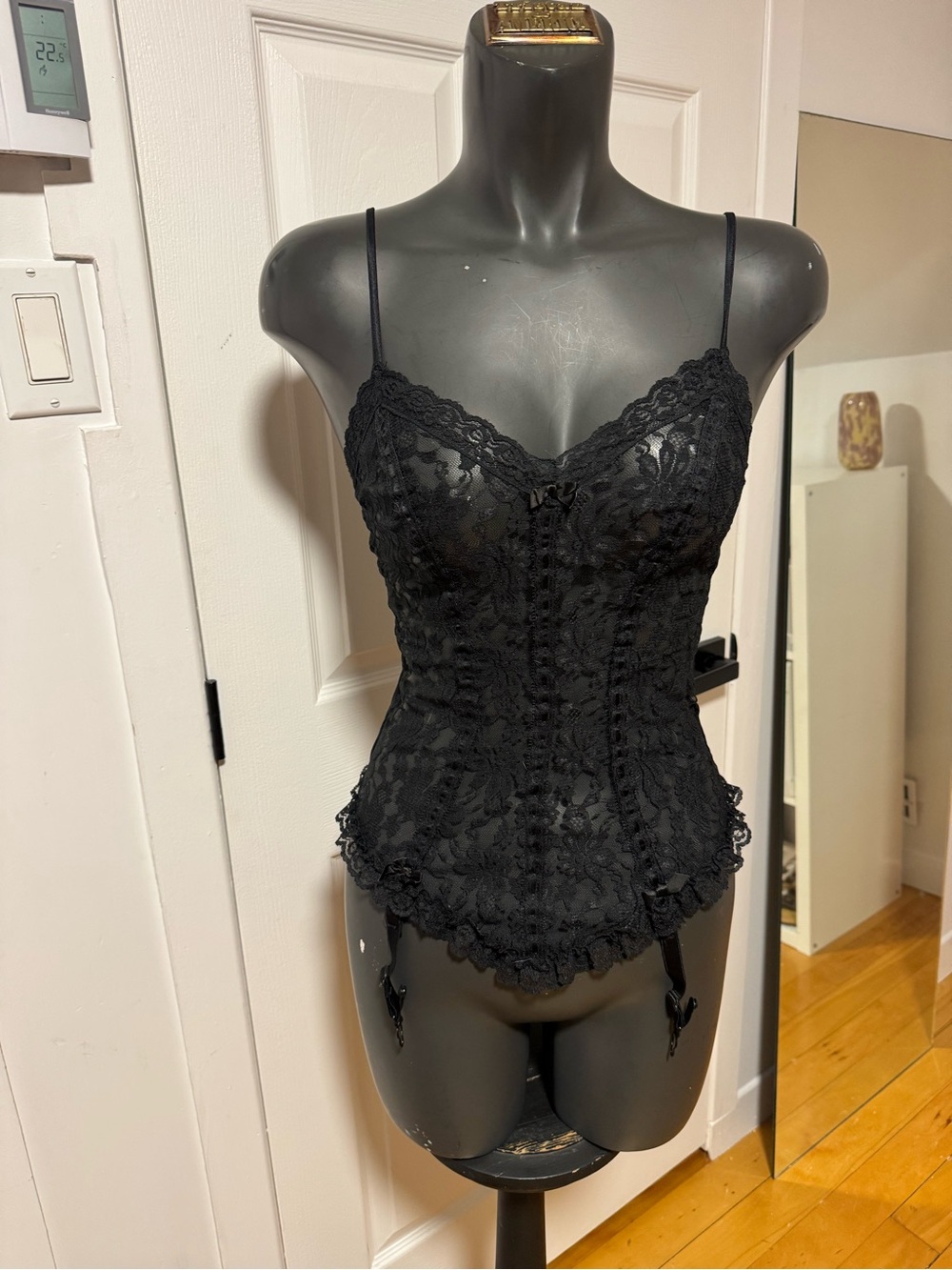 Black Lace Lace-Up Corset Camisole with Garters - Women Intimates